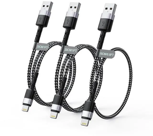 Main image of 3Pack Short Charging Cable, USB A to Lightning Cable15cm+30cm+30cm, Nylon Braided Sync Data Short Charger Cable, Fast Charger Cord for 14 13 12 11 Pro Max Xr X 8 7 Plus SE