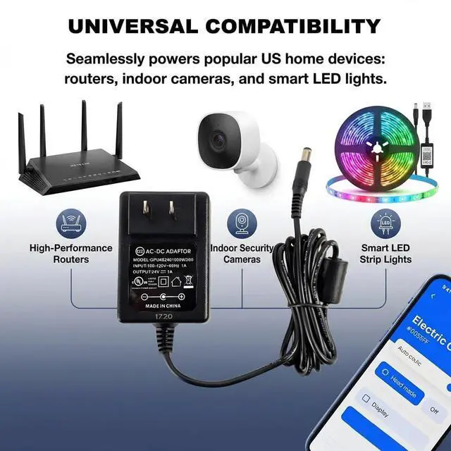 Alt view image 4 of 7 - 24V 1A Power Adapter, UL Listed 24W AC to DC Converter, 5.5x2.1mm DC Tip Power Supply for LED Strip Lights, CCTV Security Cameras, Wireless Routers, and 24V DIY Projects, 5ft Power Cord