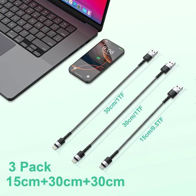 Alt view image 7 of 7 - 3Pack Short Charging Cable, USB A to Lightning Cable15cm+30cm+30cm, Nylon Braided Sync Data Short Charger Cable, Fast Charger Cord for 14 13 12 11 Pro Max Xr X 8 7 Plus SE