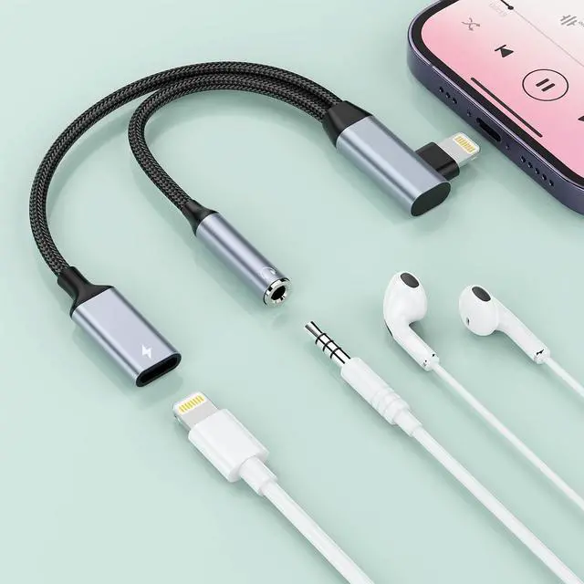 Main image of Right Angle 2-in-1 Lightning to 3.5mm Audio Aux Jack Headphone + Charge Cable Adapter ,90 Degree Earphone Converter Splitter for Music+Charge+HiFi with 14 13 12 11 MFi Certified