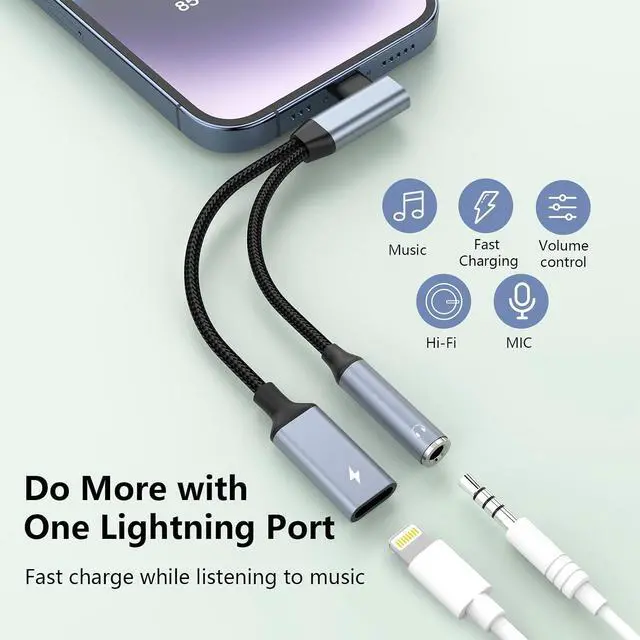 Alt view image 2 of 7 - Right Angle 2-in-1 Lightning to 3.5mm Audio Aux Jack Headphone + Charge Cable Adapter ,90 Degree Earphone Converter Splitter for Music+Charge+HiFi with 14 13 12 11 MFi Certified