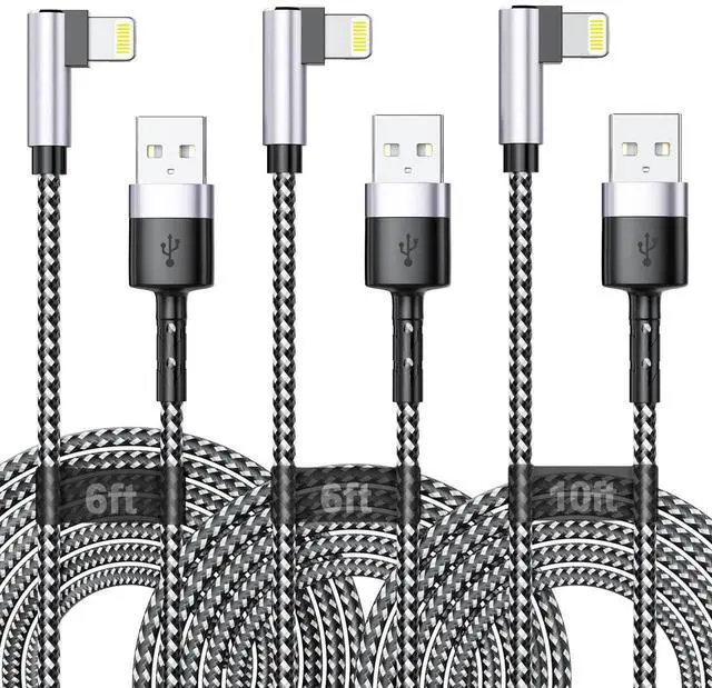 Main image of 3Pack Right Angle Long Charge Cable, 90 Degree USB A to Lightning Cable 6FT/2M*2+10FT/3M,Nylon Braided Sync Data Charger Cable, Fast Charge Cord for 14 13 12 11 Pro Max Xr 8 7 Plus