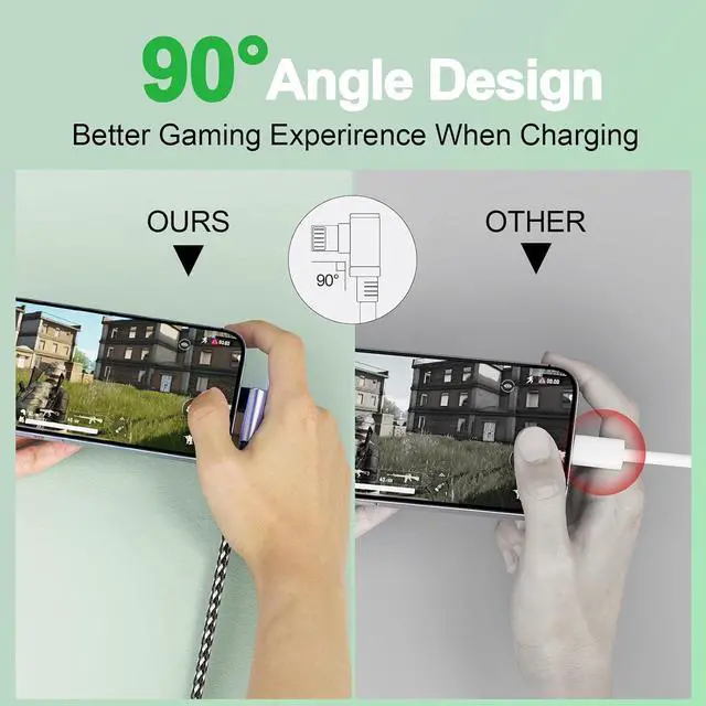 Alt view image 2 of 7 - 3Pack Right Angle Long Charge Cable, 90 Degree USB A to Lightning Cable 6FT/2M*2+10FT/3M,Nylon Braided Sync Data Charger Cable, Fast Charge Cord for 14 13 12 11 Pro Max Xr 8 7 Plus