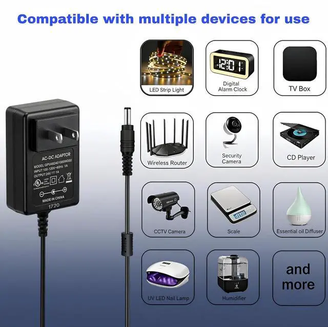 Alt view image 5 of 7 - 24V 1A Power Adapter, UL Listed 24W AC to DC Converter, 5.5x2.1mm DC Tip Power Supply for LED Strip Lights, CCTV Security Cameras, Wireless Routers, and 24V DIY Projects, 5ft Power Cord