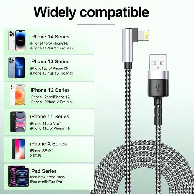 Alt view image 3 of 7 - 3Pack Right Angle Long Charge Cable, 90 Degree USB A to Lightning Cable 6FT/2M*2+10FT/3M,Nylon Braided Sync Data Charger Cable, Fast Charge Cord for 14 13 12 11 Pro Max Xr 8 7 Plus