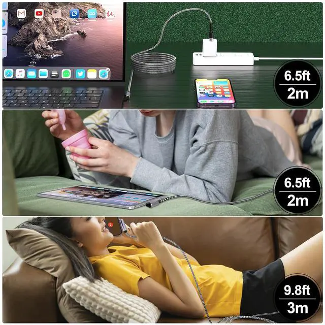 Alt view image 7 of 7 - 3Pack Right Angle Long Charge Cable, 90 Degree USB A to Lightning Cable 6FT/2M*2+10FT/3M,Nylon Braided Sync Data Charger Cable, Fast Charge Cord for 14 13 12 11 Pro Max Xr 8 7 Plus