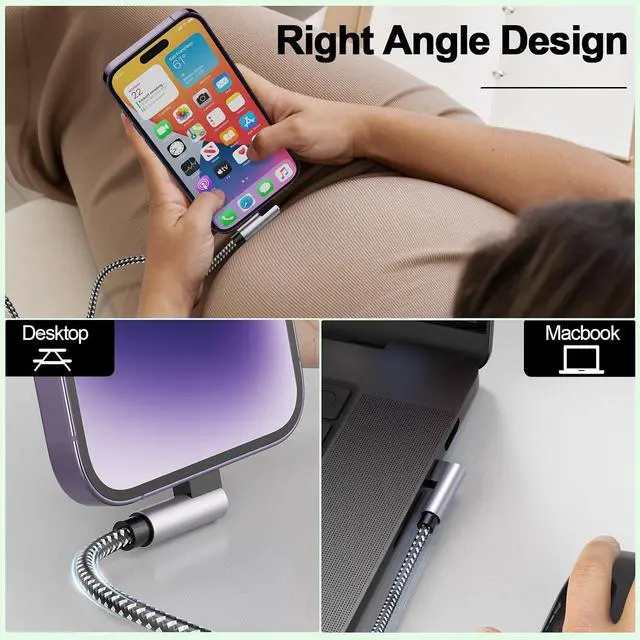Alt view image 4 of 7 - 3Pack Right Angle Long Charge Cable, 90 Degree USB A to Lightning Cable 6FT/2M*2+10FT/3M,Nylon Braided Sync Data Charger Cable, Fast Charge Cord for 14 13 12 11 Pro Max Xr 8 7 Plus