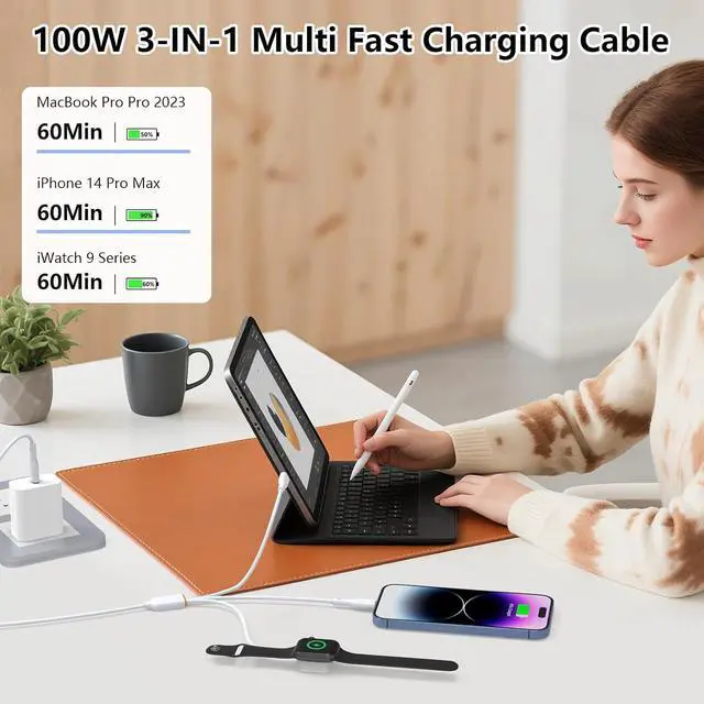 Alt view image 3 of 7 - Travel Essentials 3 in 1 Charging Cable for Watch Charger - Charger USB C Fast Charging Cable Compatible for iWatch Series Ultra/SE/10/9/8/7/6/5/4-1, 16/15/14/13/12, - 6FT