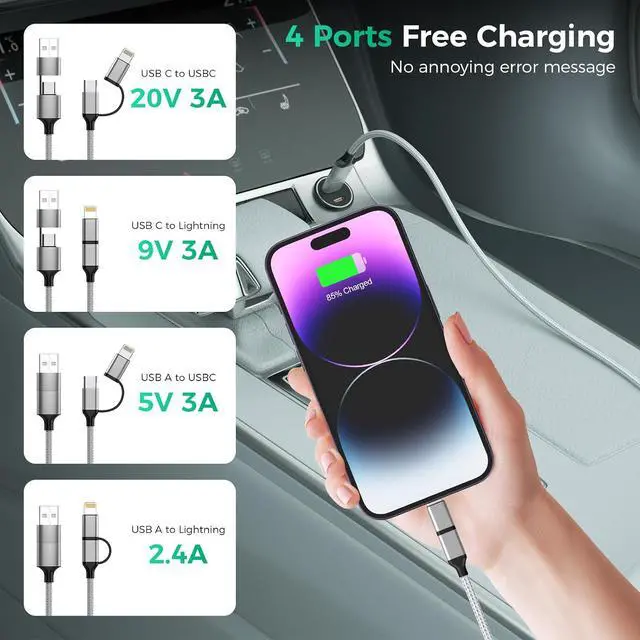 Alt view image 2 of 7 - Multi 4 in 1 USB C Cable Lightning Charging Cable,60W Fast Charger & Data Transfer, Charger Cord with Lightning/Type C/USB A for 16/15/14,MacBook,,-6FT/1.8M