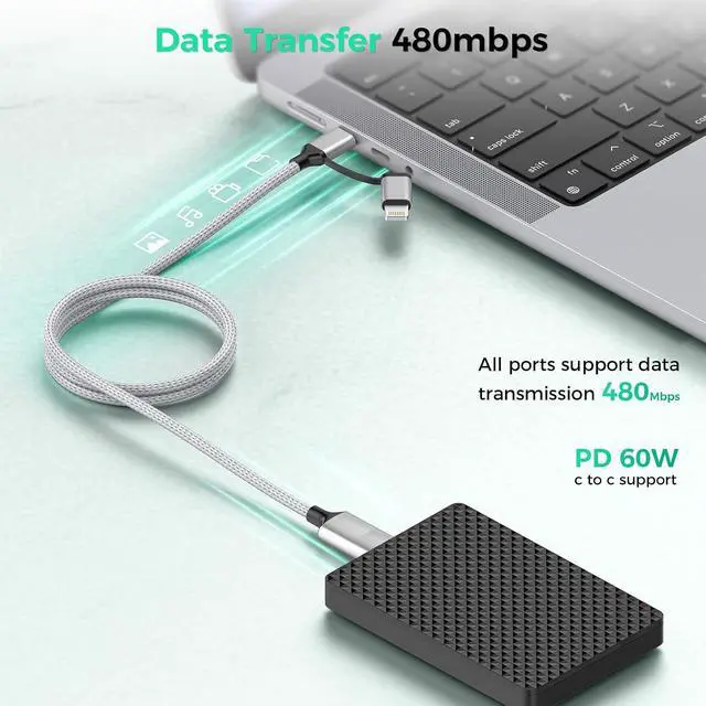 Alt view image 4 of 7 - Multi 4 in 1 USB C Cable Lightning Charging Cable,60W Fast Charger & Data Transfer, Charger Cord with Lightning/Type C/USB A for 16/15/14,MacBook,,-6FT/1.8M