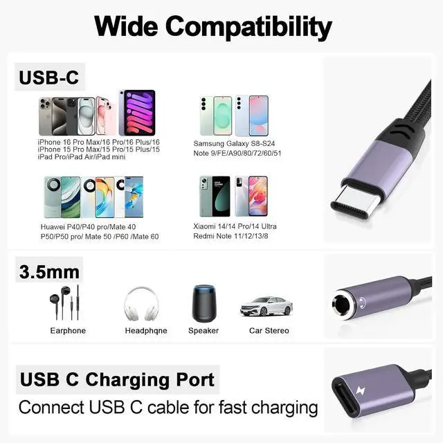 Alt view image 3 of 7 - 2-in-1 USB-C to 3.5mm Aux Audio Jack Headphone and Charger Cable Splitter,Type-C Earphones Converter Adapter with Video Call+Music+Charge+HiFi+Mic+Control for / Pro//Pixel