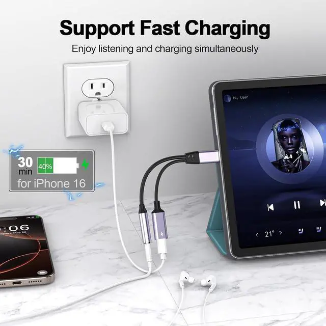 Alt view image 4 of 7 - 2-in-1 USB-C to 3.5mm Aux Audio Jack Headphone and Charger Cable Splitter,Type-C Earphones Converter Adapter with Video Call+Music+Charge+HiFi+Mic+Control for / Pro//Pixel