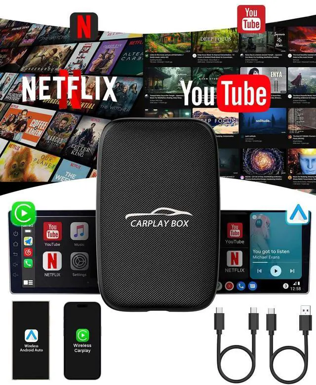 Main image of 5-in-1 Wireless CarPlay Adapter and Android Auto Wireless Adapter, Carplay Wireless Adapter with Netflix YouTube TF Card, Magic Ai Box for OEM Wired Car Play Cars, Plug & Play, Easy Setup