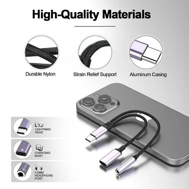 Alt view image 6 of 7 - 2-in-1 USB-C to 3.5mm Aux Audio Jack Headphone and Charger Cable Splitter,Type-C Earphones Converter Adapter with Video Call+Music+Charge+HiFi+Mic+Control for / Pro//Pixel