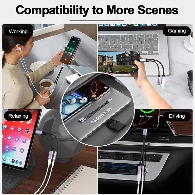 Alt view image 7 of 7 - 2-in-1 USB-C to 3.5mm Aux Audio Jack Headphone and Charger Cable Splitter,Type-C Earphones Converter Adapter with Video Call+Music+Charge+HiFi+Mic+Control for / Pro//Pixel