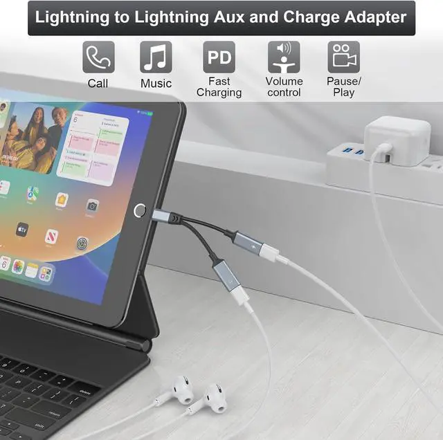 Alt view image 2 of 7 - 2-in-1 to Dual Lightning Audio Jack Headphone and Charger Cable Power Splitter, MFi Certified Earphone Converter Adapter Support Music+Charge+HiFi+Mic for 14 Pro/14 13 12,