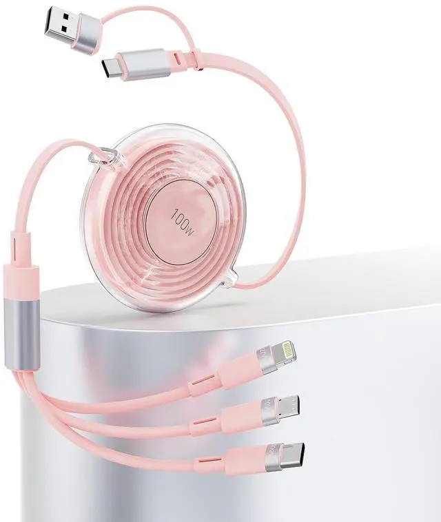 Main image of USB C Retractable Multi 5-in-1 USB A/Type C to Lightning/USB C/Micro iPhone Charger Cable,100W Multiple Apple Charging Cord iPhone 15 14 13 12 Pro Max Xs Xr X 8 7Plus SE/Samsung/iPad Pro-Pink
