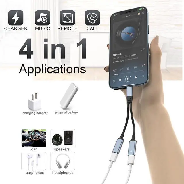 Alt view image 3 of 7 - 2-in-1 to Dual Lightning Audio Jack Headphone and Charger Cable Power Splitter, MFi Certified Earphone Converter Adapter Support Music+Charge+HiFi+Mic for 14 Pro/14 13 12,