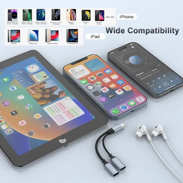 Alt view image 4 of 7 - 2-in-1 to Dual Lightning Audio Jack Headphone and Charger Cable Power Splitter, MFi Certified Earphone Converter Adapter Support Music+Charge+HiFi+Mic for 14 Pro/14 13 12,