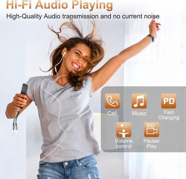 Alt view image 5 of 7 - 2-in-1 to Dual Lightning Audio Jack Headphone and Charger Cable Power Splitter, MFi Certified Earphone Converter Adapter Support Music+Charge+HiFi+Mic for 14 Pro/14 13 12,