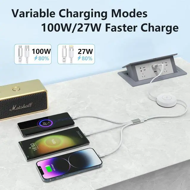 Alt view image 3 of 7 - Retractable USB C Multi 5-in-1 USB A/Type C to Lightning/USB C/Micro iPhone Charger Cable,100W Fast Multiple Apple Charging Cord iPhone 15 14 13 12 Pro Max Xs Xr X 8 7 6 Plus SE/Samsung/iPad Pro-White