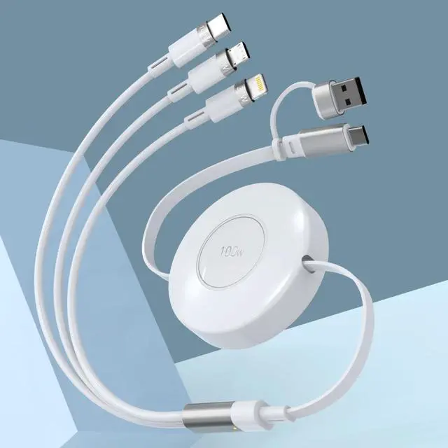 Main image of Retractable USB C Multi 5-in-1 USB A/Type C to Lightning/USB C/Micro iPhone Charger Cable,100W Fast Multiple Apple Charging Cord iPhone 15 14 13 12 Pro Max Xs Xr X 8 7 6 Plus SE/Samsung/iPad Pro-White