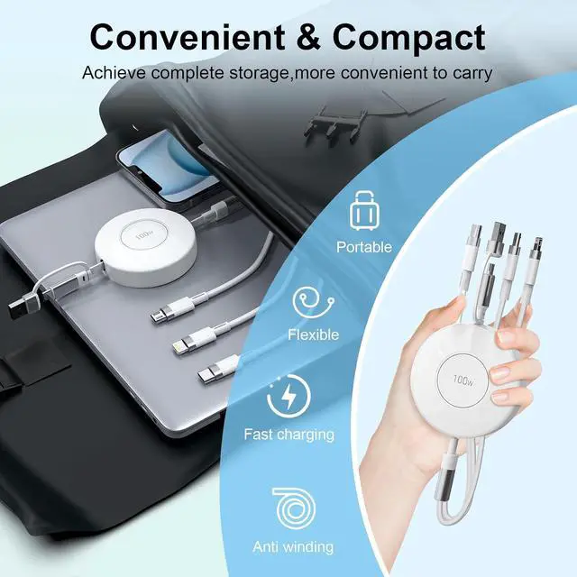 Alt view image 6 of 7 - Retractable USB C Multi 5-in-1 USB A/Type C to Lightning/USB C/Micro iPhone Charger Cable,100W Fast Multiple Apple Charging Cord iPhone 15 14 13 12 Pro Max Xs Xr X 8 7 6 Plus SE/Samsung/iPad Pro-White