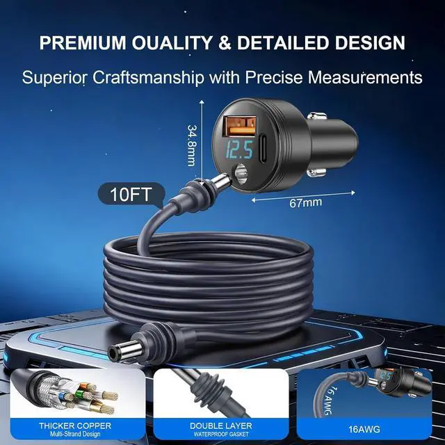 Alt view image 4 of 7 - Starlink Mini Car Adapter, 100W Starlink Mini Cable Car Charger, 12V-24V Cigarette Lighter Adapter with DC 100W Charge+USB-C PD 30W + USB-A, Waterproof & LED Voltage Display for Truck, RV, Car(10FT)