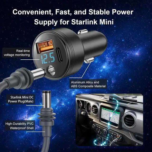 Alt view image 3 of 7 - Starlink Mini Car Adapter, 100W Starlink Mini Cable Car Charger, 12V-24V Cigarette Lighter Adapter with DC 100W Charge+USB-C PD 30W + USB-A, Waterproof & LED Voltage Display for Truck, RV, Car(10FT)