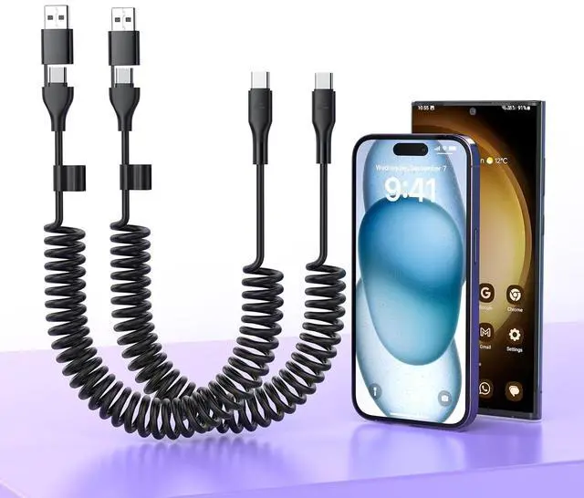 Main image of 2 Pack CarPlay Multi Coiled 3-in-1 USBA/Type C to USB-C Short Car Cable Combo for 16 15 Pro Max Plus,4FT Fast Charge &Data Sync Charger Cord for , Pro,,Pixel,Android Auto
