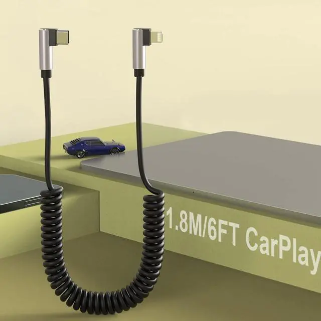Main image of Apple CarPlay Right Angle USB C to Lightning Coiled Coiled Charging Cable90 Degree Elbow Apple Sync Data Spring Retractable Cord Adapter for iPhone 14/13/12/11/SE/Xs/Xr/8/iPad-3FT