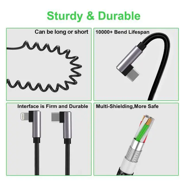Alt view image 6 of 6 - Apple CarPlay Right Angle USB C to Lightning Coiled Coiled Charging Cable90 Degree Elbow Apple Sync Data Spring Retractable Cord Adapter for iPhone 14/13/12/11/SE/Xs/Xr/8/iPad-3FT