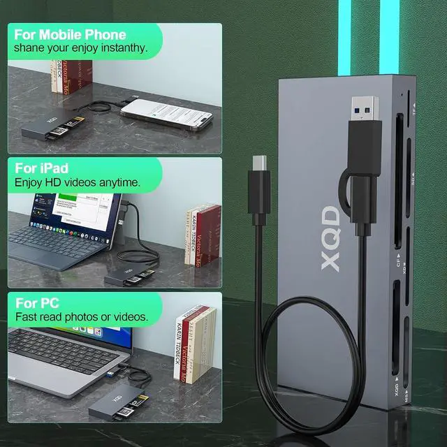Alt view image 3 of 7 - 10Gbps 8-in-1 XQD Card Reader, USB C Multi XQD Reader for Sony G/M Series, Lexar 2933x/1400x USB Mark XQD Card/CF/XD/MS/TF/SD Reader,USB 3.0 Memory Card Reader for Windows/Mac OS/Linux/Android