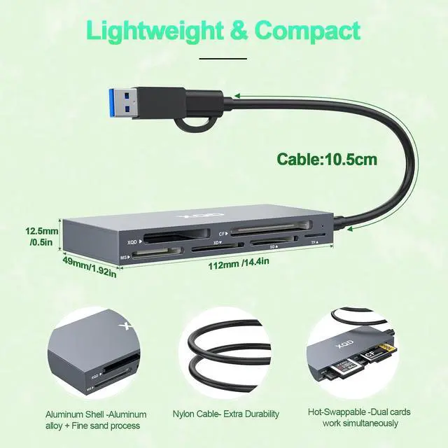 Alt view image 7 of 7 - 10Gbps 8-in-1 XQD Card Reader, USB C Multi XQD Reader for Sony G/M Series, Lexar 2933x/1400x USB Mark XQD Card/CF/XD/MS/TF/SD Reader,USB 3.0 Memory Card Reader for Windows/Mac OS/Linux/Android