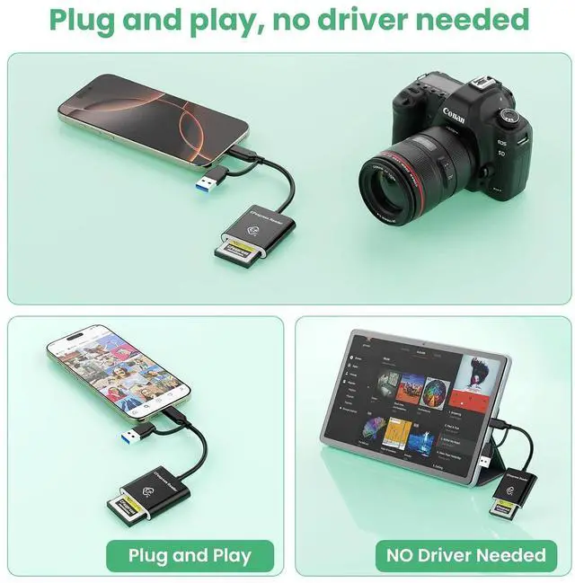 Alt view image 5 of 7 - Type A CFexpress USB C&USB A 2-in-1 Type A Card Reader for iPhone,USB 3.2 (Gen 2) 10Gbps CFexpress Adapter for iPhone 16 15/iPad/Samsung/Laptops/Tablets with Windows/Mac/Linux/Android-Plug&Play