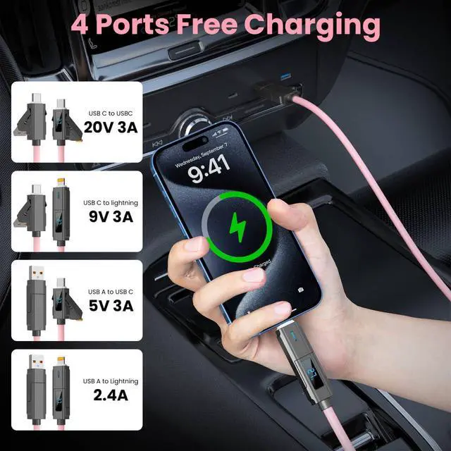 Alt view image 2 of 7 - USB C/Lightning 4-in-1 Universal Multi USB Charging Cable LED Display for iPhonePink 240W Max Fast Charge Cord & Data Transfer Apple iPhone 16/15/14/13, iPad, Samsung, MacBook, iPad,Tablets -5FT
