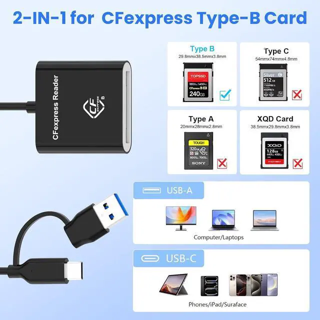 Alt view image 2 of 7 - 2-in-1 Type B CFexpress USB C&USB A Type B Card Reader for iPhone,USB 3.2 (Gen 2) 10Gbps CFexpress Adapter for iPhone 16 15/iPad/Samsung/Laptops/Tablets with Windows/Mac/Linux/Android-Plug&Play