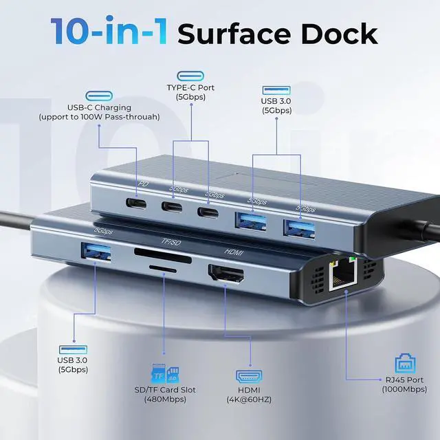 Alt view image 3 of 7 - Surface Docking Station 4K HDMI Display, 10-in-1 Surface Pro Dock with Power Supply for Microsoft Surface Pro 12/11/10/9/8/7/6/5/4/3, Surface Laptop 7/6/5/4, Surface Go/Book/Laptop Go