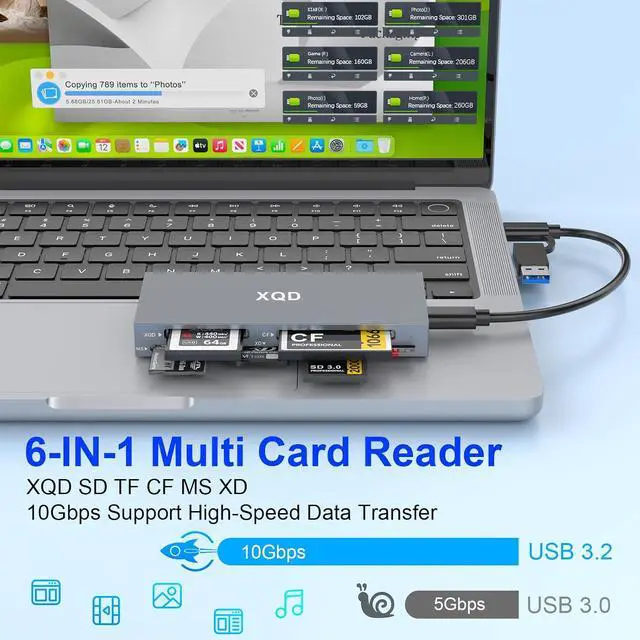 Alt view image 3 of 7 - 8 in 1 XQD Card Reader, 10Gbps Multi XQD Reader for Sony G/M Series, Lexar 2933x/1400x USB Mark XQD Card/CF/XD/MS/TF/SD Reader, USB C USB 3.0 Memory Card Reader for Windows/Mac OS/Linux/Android