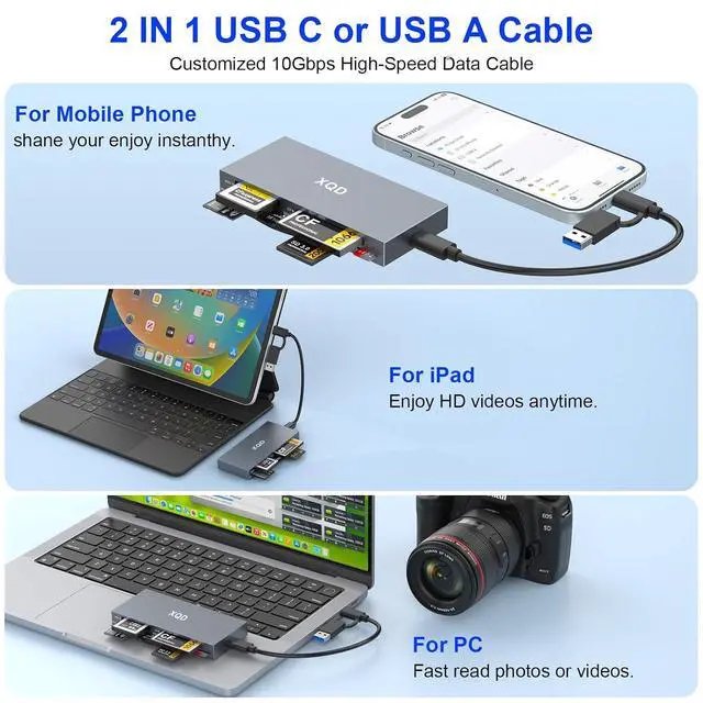 Alt view image 4 of 7 - 8 in 1 XQD Card Reader, 10Gbps Multi XQD Reader for Sony G/M Series, Lexar 2933x/1400x USB Mark XQD Card/CF/XD/MS/TF/SD Reader, USB C USB 3.0 Memory Card Reader for Windows/Mac OS/Linux/Android