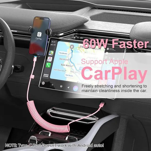 Alt view image 2 of 7 - 2Pack Apple CarPlay USB A to Lightning iPhone Coiled Charger Cable for Car,4Ft Short Charging Cord Sync Data Retractable Charger Connector for iPhone 14/13/12/11 SE/Xr/iPadMFi Certified-Pink