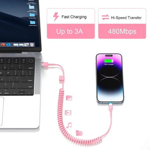 Alt view image 4 of 7 - 2Pack Apple CarPlay USB A to Lightning iPhone Coiled Charger Cable for Car,4Ft Short Charging Cord Sync Data Retractable Charger Connector for iPhone 14/13/12/11 SE/Xr/iPadMFi Certified-Pink