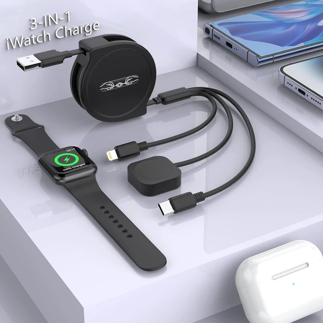 Main image of Multi 3-in-1 Retractable Universal Charging Cable+Apple Smart Watch Charger Cord,USB A to Lightning+Type C+Watch Charger for iWatch Series 9 8 7 6 5 4 3 2 SE/iPhone 14 13 12 Pro/Samsung/iPad-Black