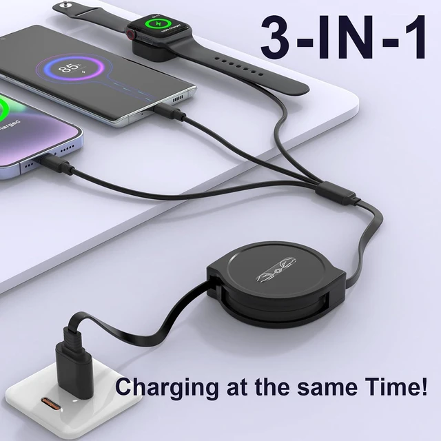Alt view image 2 of 7 - Multi 3-in-1 Retractable Universal Charging Cable+Apple Smart Watch Charger Cord,USB A to Lightning+Type C+Watch Charger for iWatch Series 9 8 7 6 5 4 3 2 SE/iPhone 14 13 12 Pro/Samsung/iPad-Black