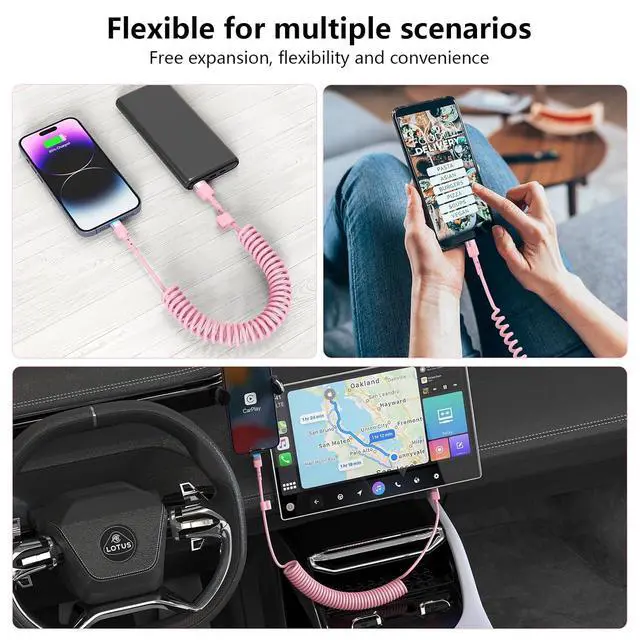 Alt view image 7 of 7 - 2Pack Apple CarPlay USB A to Lightning iPhone Coiled Charger Cable for Car,4Ft Short Charging Cord Sync Data Retractable Charger Connector for iPhone 14/13/12/11 SE/Xr/iPadMFi Certified-Pink