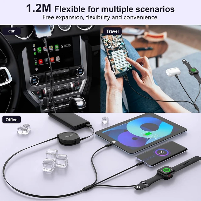 Alt view image 5 of 7 - Multi 3-in-1 Retractable Universal Charging Cable+Apple Smart Watch Charger Cord,USB A to Lightning+Type C+Watch Charger for iWatch Series 9 8 7 6 5 4 3 2 SE/iPhone 14 13 12 Pro/Samsung/iPad-Black
