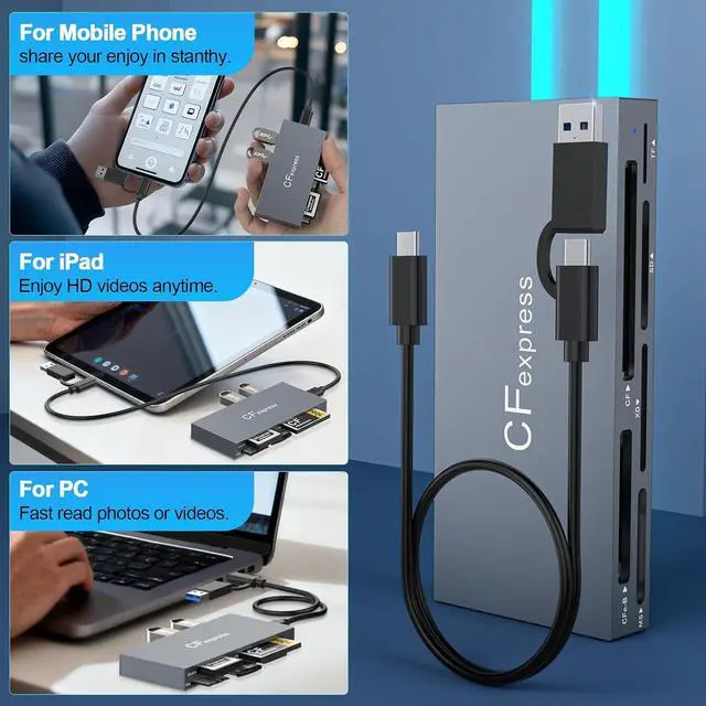Alt view image 3 of 7 - Type B XQD Card Reader 8 in 1 USB C/USB A for CFexpress Type B Card,10Gbps CFexpress Adapter for Type B/CF/XD/MS/TF/SD Card with Windows/Mac/Linux/Android for iPhone 16/15, iPad/Samsung/Laptop/Tablet