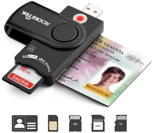 Main image of USB Smart Card Reader, Rocketek DOD Military USB Cac Memory Card Reader Compatible with Windows, Linux/Unix, MacOS X - Build In SDHC/SDXC/SD Card Reader and Micro SD Card Reader