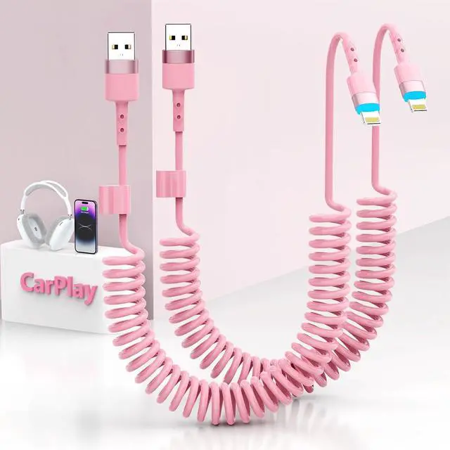 Main image of 2Pack Apple CarPlay USB A to Lightning iPhone Coiled Charger Cable for Car,4Ft Short Charging Cord Sync Data Retractable Charger Connector for iPhone 14/13/12/11 SE/Xr/iPadMFi Certified-Pink