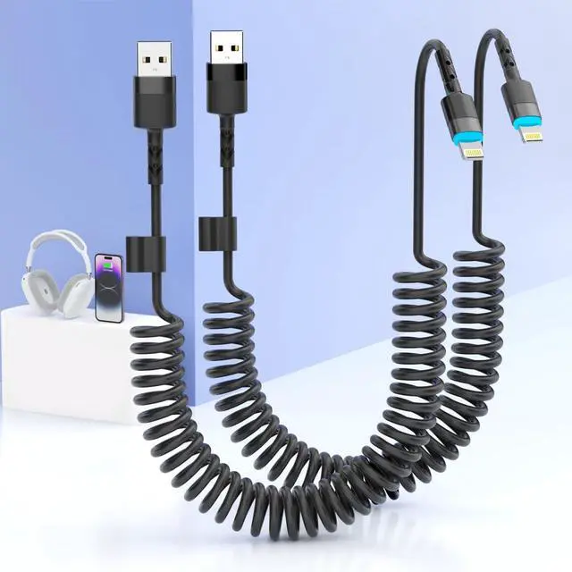 Main image of 2Pack Apple CarPlay USB A to Lightning iPhone Coiled Charger Cable for Car,4Ft Short Charging Cord Sync Data Retractable Charger Connector for iPhone 14/13/12/11 SE/Xr/iPadMFi Certified-Black